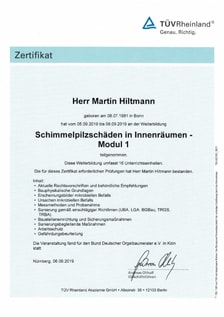 Ein Zertifikat von Herr Hiltmann für eine Weiterbildung zum Thema Schimmelpilzschäden in Innenräumen